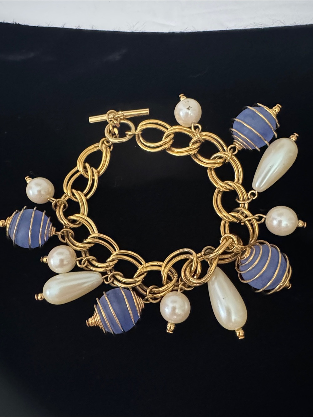 Vintage 80’s Avon Link of Pearls and Blue Caged Bead Charm Bracelet
